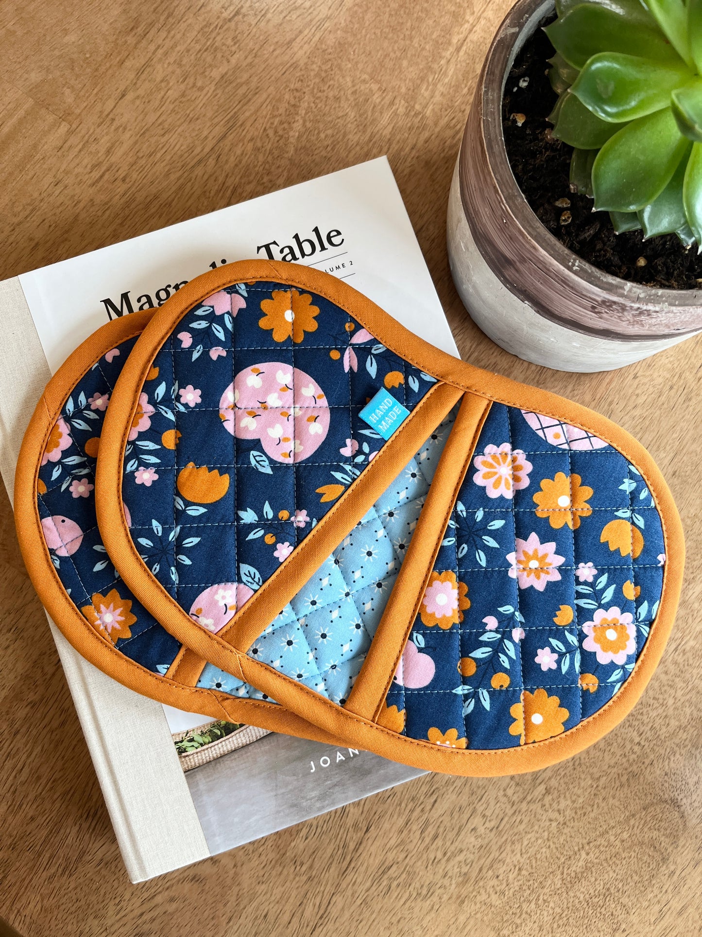 Jelly Bean Hot Pot Holders - Orange/Navy Apple