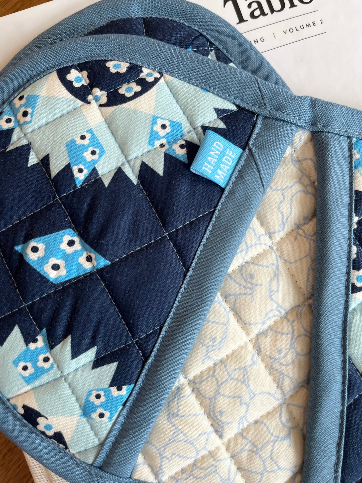 Jelly Bean Hot Pot Holders - Blue/Navy Quilt Patch